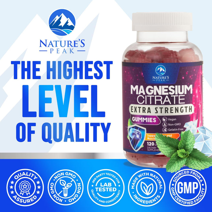 Magnesium Citrate Supplement Gummies - High Absorption Magnesium Gummy for Adults & Kids, Magnesio Citrate Supplements for Bone, Muscle Health, Heart Support, Vegan, Gluten Free, Non-GMO - 120 Gummies