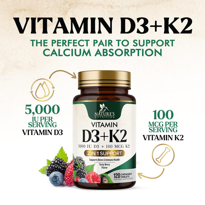 Vitamin D3 K2 | 5000 IU D3 + K2 100 mcg | MK-7 K2 with Vitamin D | Supports Immune – 120 Tablets