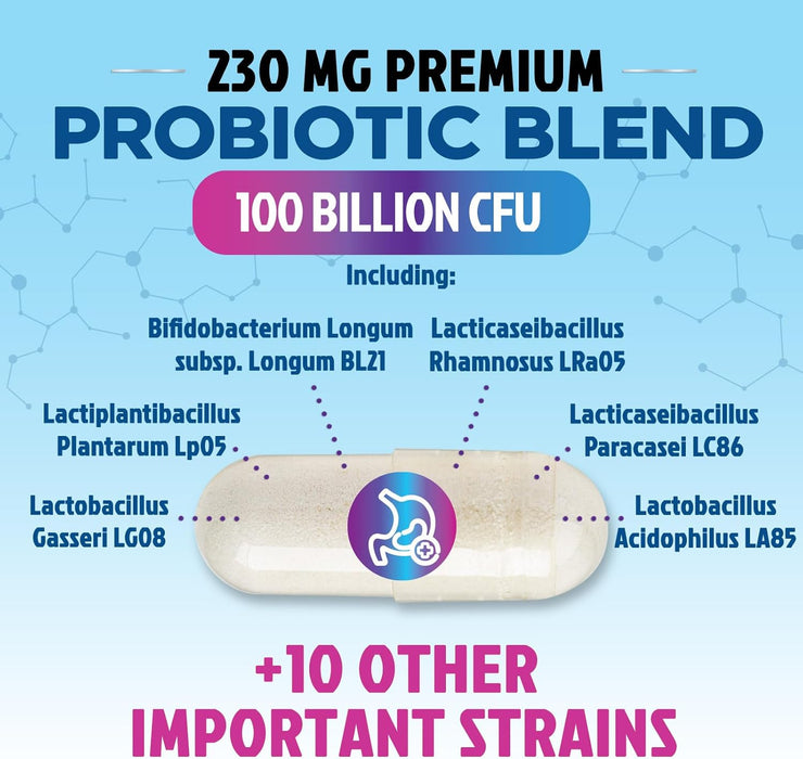 Probiotics 100 Billion CFU Supplement - 16 Strains + Natural Prebiotics - Digestive Health, Gut & Immune Support for Women & Men - Supports Occasional Constipation, Gas & Bloating