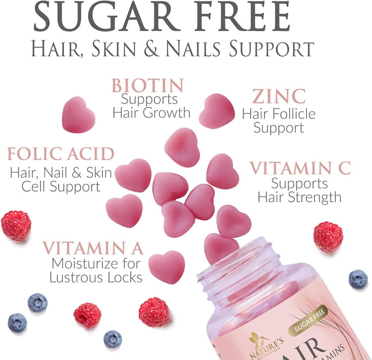 Hair Gummy Vitamins, Sugar Free with Biotin 5000 mcg, Vitamin A, B12, C, D, E, Folic Acid, Supports Hair Growth, Vegetarian Friendly, for Strong, Beautiful Hair and Nails, Non-GMO - 60 Gummies