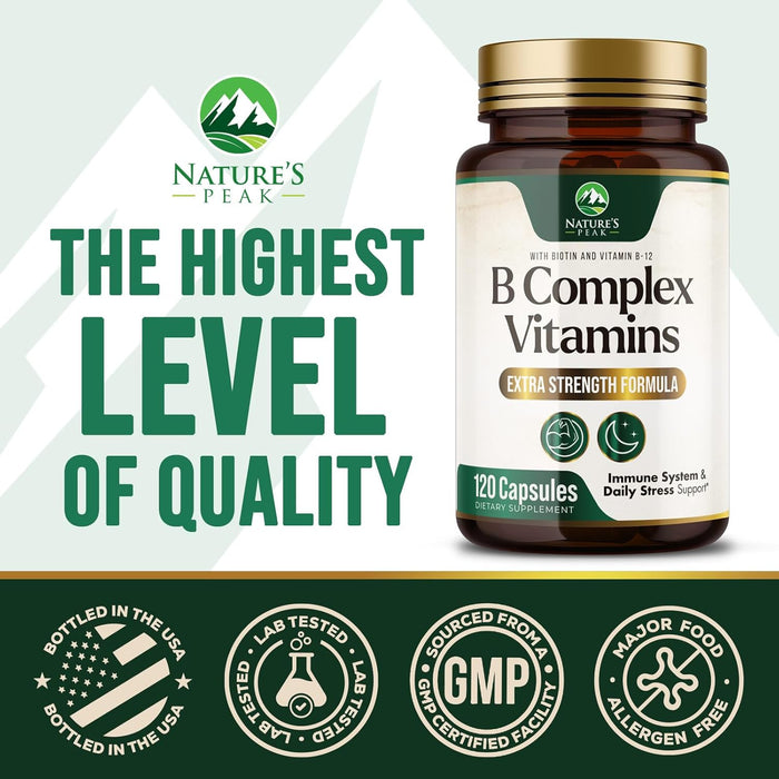 B Complex Vitamin Supplement 1000mcg - 3X Strength with Vitamin C & Folic Acid - Super B Complex Vitamins for Energy, Supports Hair Growth, Immune Support for Women & Men, USA Bottled - 120 Capsules