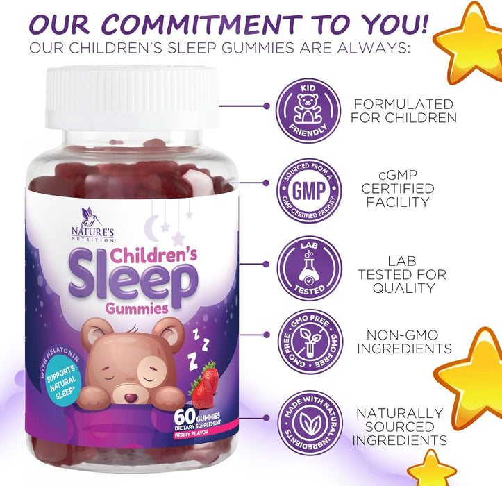 Kids Sleep Gummies, 2mg Melatonin, Nature's Effective & Drug-Free Restful Sleep Support Supplement, Childrens Melatonin Gummy for Ages 4 & Up, Vegan, Non-GMO, Natural Color & Berry Flavor - 60 Gummies