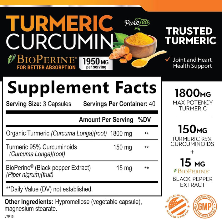 Turmeric Curcumin with BioPerine 1950mg, 95% Standardized Curcuminoids - Black Pepper for Max Absorption, Herbal Joint Support, Nature's Tumeric Extract Supplement Non-GMO