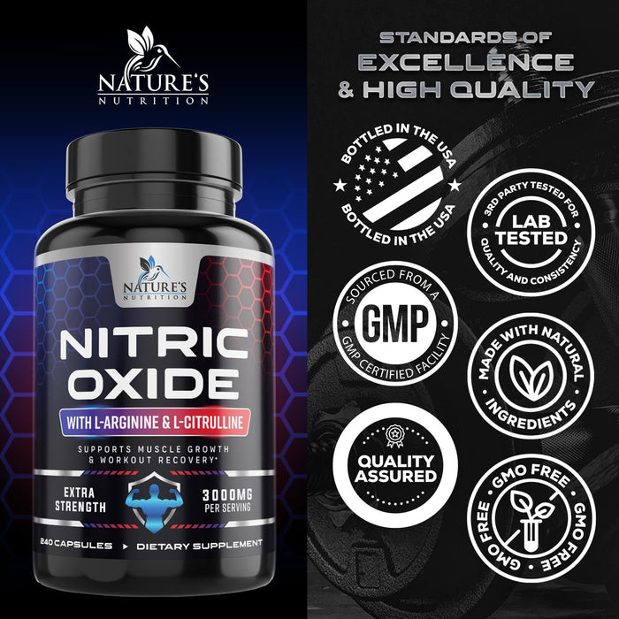 Nitric Oxide Formula with L-Arginine + Citrulline – 3000mg – 240 Capsules