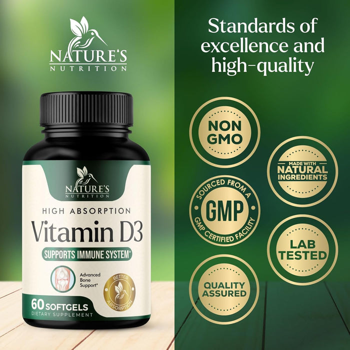 Vitamin D3 5000 IU (125 mcg) - High Potency Vitamin D-3 Supplement (2 Month Supply) for Bone, Teeth, Muscle and Immune Health Support - Dietary Supplement, Gluten Free, Non-GMO - 60 Softgels