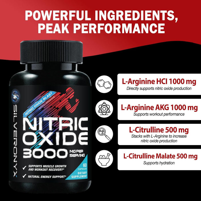 Extra Strength Nitric Oxide Supplement 3X Strength L Arginine, Citrulline Malate, AAKG, Beta Alanine - Premium Muscle Supporting Nitric Booster - Natural Energy & Heart Health Support - 60 Capsules