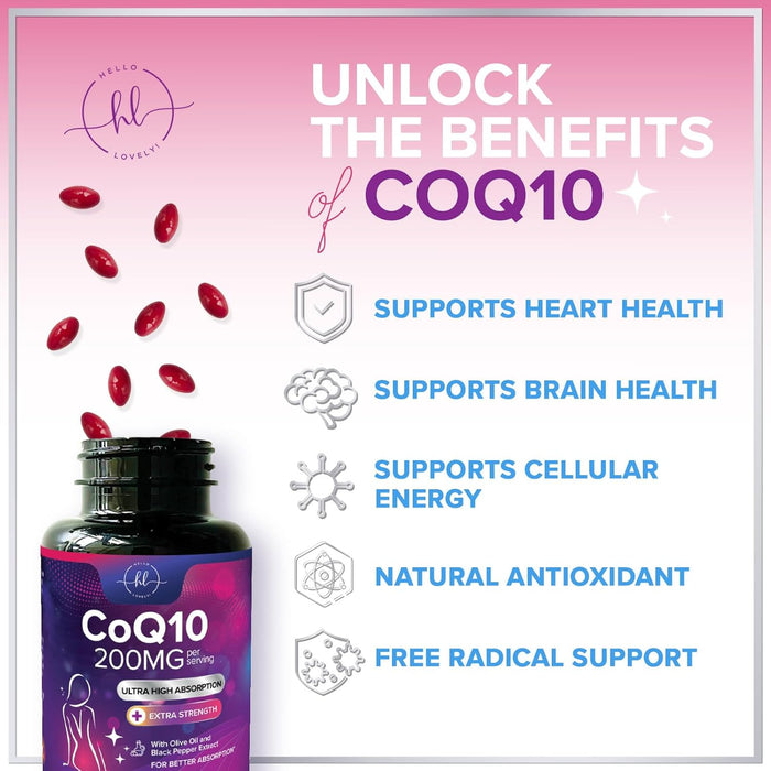 CoQ10 200mg Softgels - Ultra High Absorption, Antioxidant for Heart Health & Energy Production Support - Coenzyme Q10 Co Q 10 Vitamins and Supplements 100mg Each - Non GMO & Gluten Free