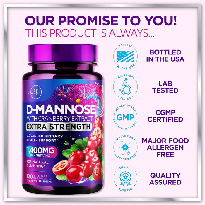 Organic D Mannose 1300mg per Serving Supplements - Extra Strength D-Mannose Capsules with Cranberry - for Natural Gentle Cleansing & Urinary Tract Health Support - Bottled in USA - 120 Capsules