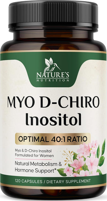 Myo-Inositol & D-Chiro Inositol 1025mg - 40:1 Ideal Ratio for Ovarian Support, Vegan Myo & D Chiro Supplement for Women's Natural Balance and Hormone Support, Vitamin B8, Non-GMO - 120 Capsules
