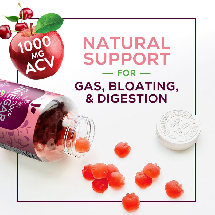 Vegan Apple Cider Vinegar Gummy 1000mg - Sugar Free ACV Gummies Vitamins Supplement with Vitamin B12 for Energy - Supports Digestion, Detox and Cleanse - Gelatin-Free, Non-GMO - 60 Gummies