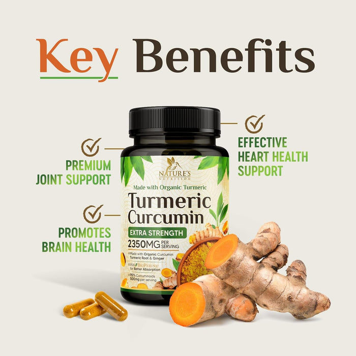 Turmeric Curcumin Supplement 1750mg with Organic Turmeric & Ginger, 95% Curcuminoids, BioPerine Black Pepper for Best Absorption, Nature's Vegan Joint Support, Non-GMO, Bottled in USA - 120 Capsules