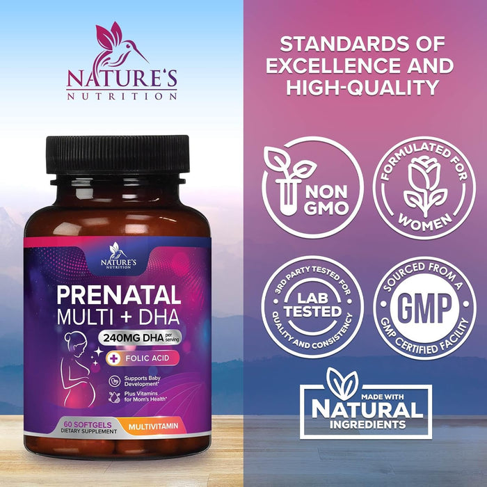 Women's Prenatal Multivitamin with Folic Acid & DHA, Prenatal Vitamins w/ Folate, Omega 3, Vitamins D3, B6, B12 & Iron, Pregnancy Support Prenatal Supplement, Non-GMO Gluten Free