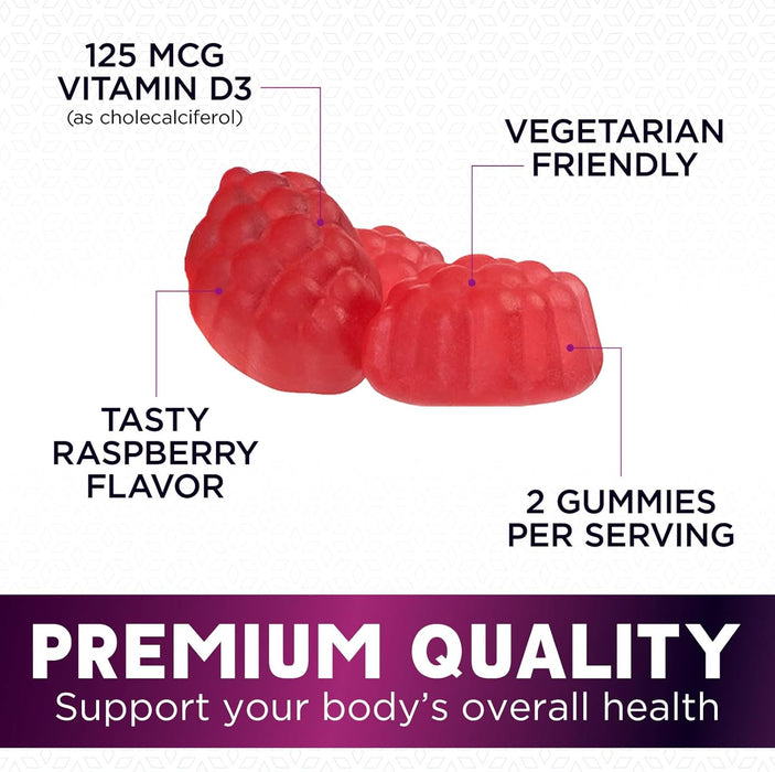 Vitamin D3 Gummies 5,000 IU Extra Strength 125 mcg D3 Supplement Gummy - Support Natural Bone, Muscle, & Immune Health - Gluten Free - Non-GMO - Nature's Raspberry Flavor