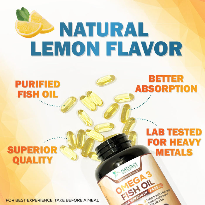 Omega 3 Fish Oil 2400 mg - Triple Strength EPA & DHA Fatty Acids for Heart, Brain & Joint Support Wild-Caught, Burpless, Lemon Flavor Supplement Natural, Non-GMO, Gluten-Free - 240 Softgels