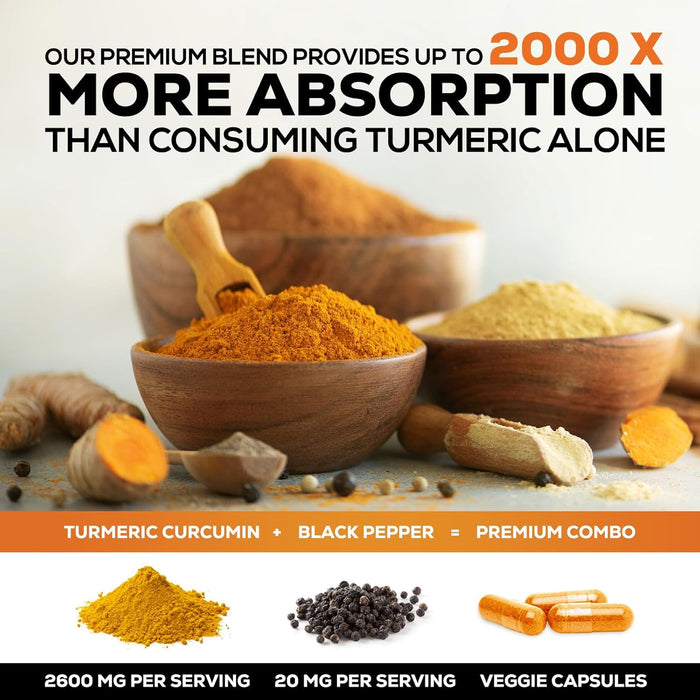 Turmeric Curcumin Supplement with BioPerine 95% Standardized Curcuminoids 2600mg - Black Pepper for Max Absorption, Vegan Joint Support, Nature's Tumeric Herbal Extract Vegan Non-GMO