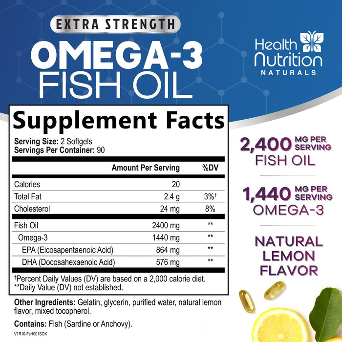 Omega 3 Fish Oil 2400 mg - Triple Strength Omega3, EPA & DHA Fatty Acids Supplement - Natural Support for Immune, Heart & Brain Health - Wild Caught, Non-GMO, Lemon Flavor, Burpless - 180 Softgels