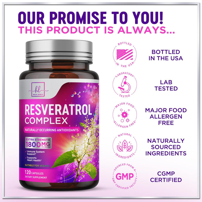Resveratrol Supplement 1800mg - Trans-Resveratrol Antioxidant Complex - 120 Vegan Capsules