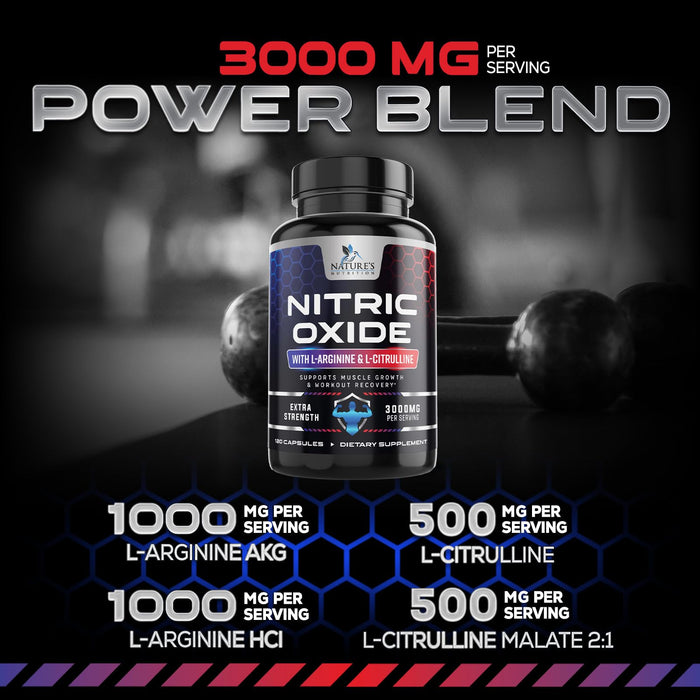 Nitric Oxide Formula with L-Arginine + Citrulline – 3000mg – 120 Capsules