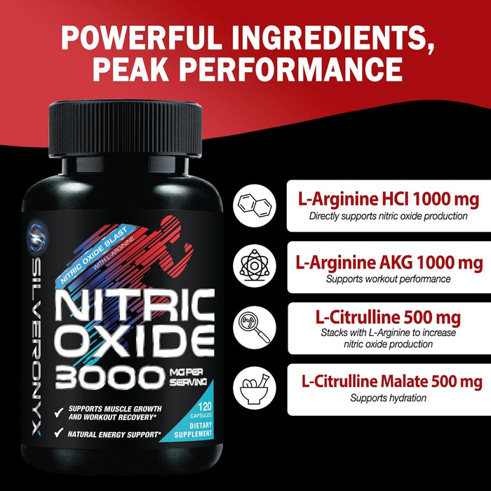 Extra Strength Nitric Oxide Supplement 3X Strength L Arginine, Citrulline Malate, AAKG, Beta Alanine - Premium Muscle Supporting Nitric Booster - Natural Energy & Heart Health Support - 120 Capsules