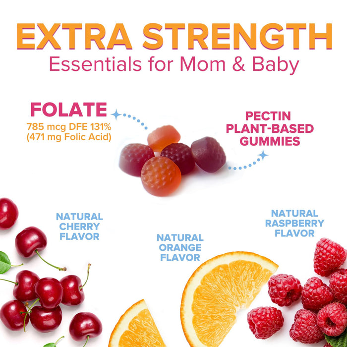 Folic Acid Gummies for Women 785 mcg, Essential Prenatal Vitamins for Mom & Baby, Vegan Folic Supplement Gummy, Daily Vitamin B9 Extra Strength Folate, Before During After Pregnancy - 120 Gummies