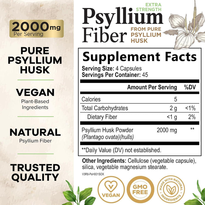 Psyllium Husk Fiber Caps 1500mg Supplement - Psyllium Husk Capsules Daily Support Digestive Health & Regularity, Nature's Plant Based Husks Natural Soluble Fiber Pills, Vegan, Non-GMO - 180 Capsules