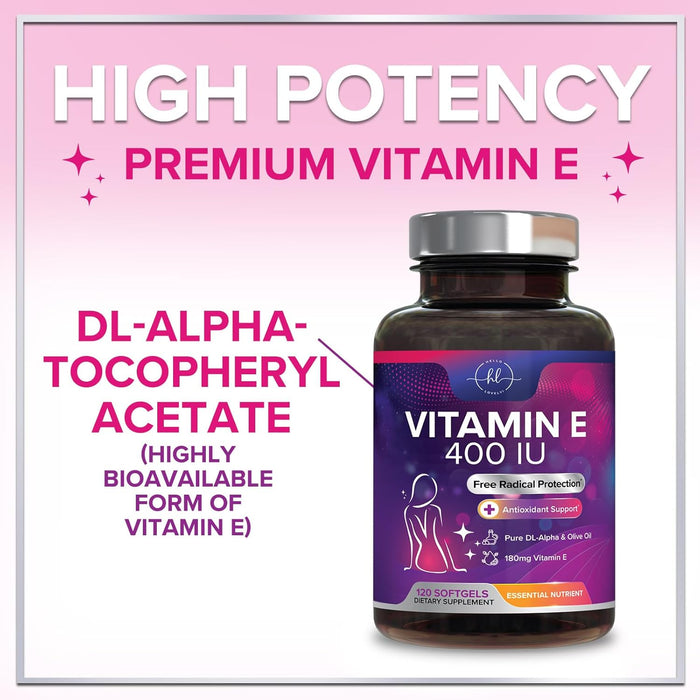 E Vitamin for Women and Men - 180 mg (400 IU) dl-Alpha - Powerful Antioxidant Dietary Supplement - Hair, Skin, & Immune Health Support - Easily Absorbed Form, Non-GMO & Gluten Free