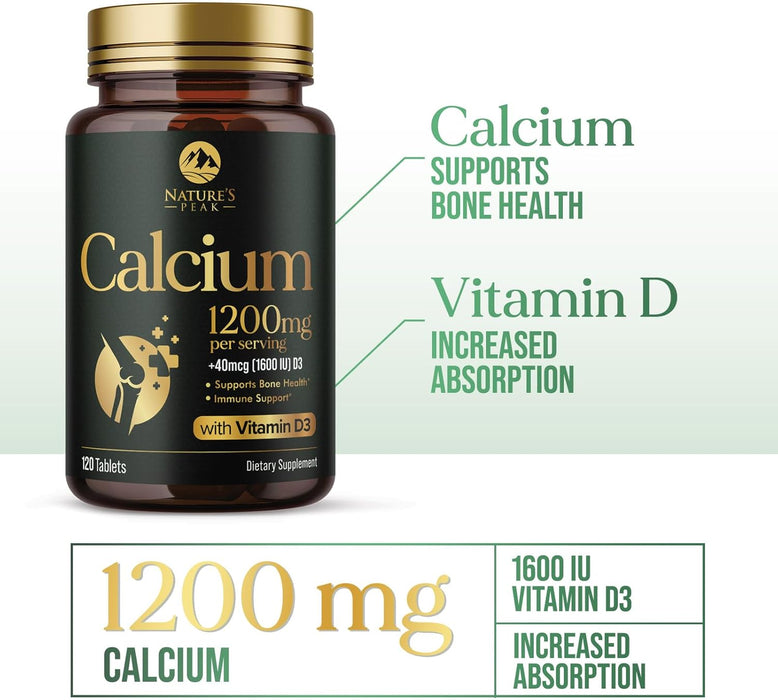 Nature's Calcium 1200 mg with Vitamin D3, Bone Health & Immune Support for Women & Men, Calcium Supplement Made with Extra Strength Vitamin D for Carbonate Absorption Dietary Supplement