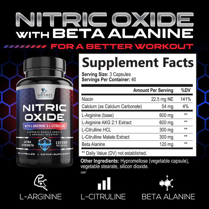 Nitric Oxide Booster Extra Strength 3000mg - L Arginine 3X Strength Nitric Oxide Supplements for Men and Women, Citrulline, Supports Muscle, Heart Health & Energy Supplement, Non-GMO - 120 Capsules