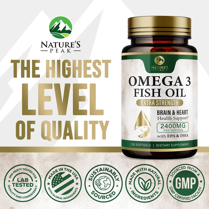 Nature's Peak Fish Oil 2400 mg - Triple Strength Fish Oil Supplement, Omega 3 Fish Oil w/EPA & DHA Fatty Acids for Healthy Heart Support, Burpless Omega 3 Supplements