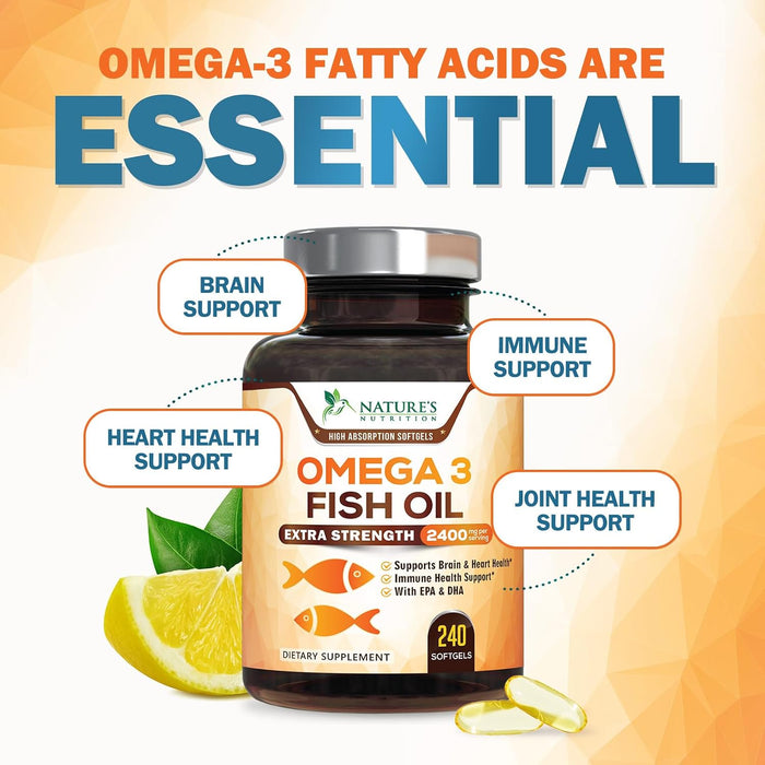 Omega 3 Fish Oil 2400 mg - Triple Strength EPA & DHA Fatty Acids for Heart, Brain & Joint Support Wild-Caught, Burpless, Lemon Flavor Supplement Natural, Non-GMO, Gluten-Free - 240 Softgels