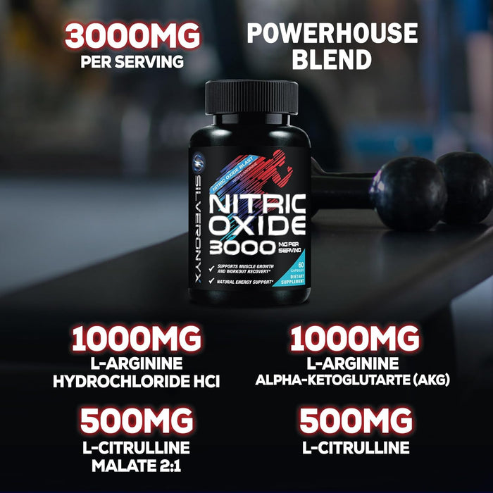 Extra Strength Nitric Oxide Supplement 3X Strength L Arginine, Citrulline Malate, AAKG, Beta Alanine - Premium Muscle Supporting Nitric Booster - Natural Energy & Heart Health Support - 60 Capsules