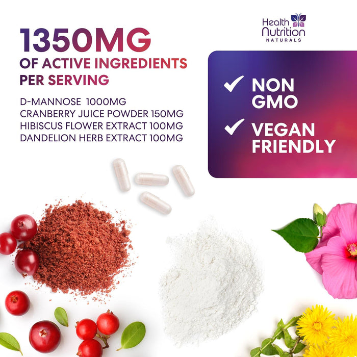 D-Mannose Supplement 1,350mg with Cranberry, Hibiscus & Dandelion - Fast-Acting, Natural Bladder & Urinary Tract Support for Women & Men â€“ Flush & Cleanse Impurities â€“ Non-GMO, Vegan â€“ 180 Capsules