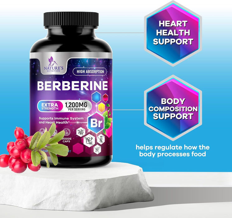 Nature's Nutrition Berberine Supplement 1200mg per Serving - High Absorption Heart Health Support & Immune Support - Berberine Plus - Berberine HCI Supplement Pills, Gluten-Free