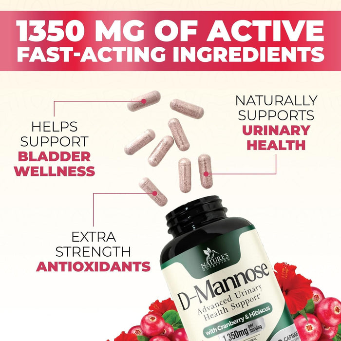 D-Mannose & Cranberry Extract 1350mg Advanced Formula, Fast-Acting Natural Urinary Tract Health Support for Women & Men, Flush Impurities in Urinary Tract & Bladder, Non-GMO, Vegan