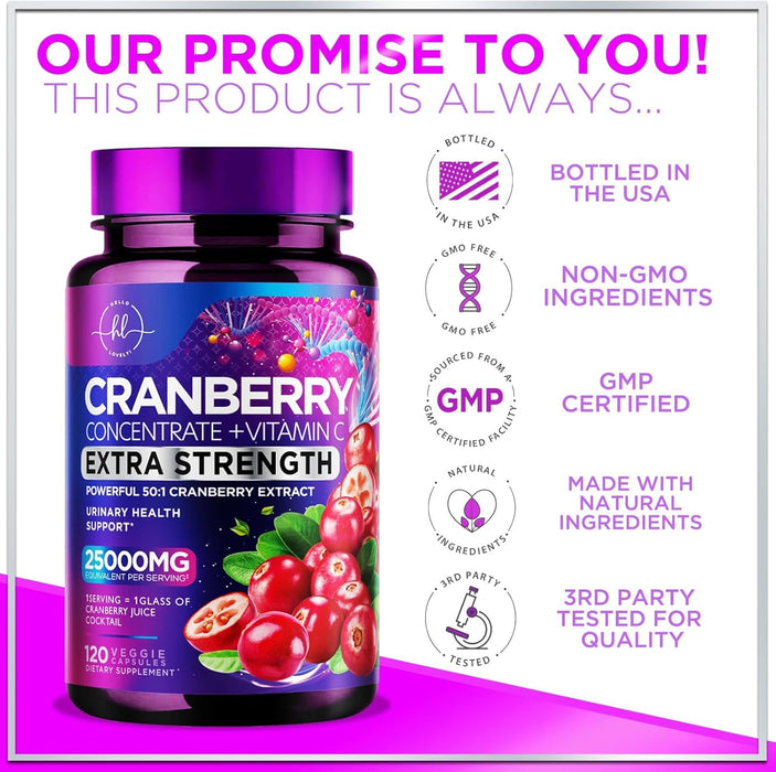 Cranberry Extract Pills + Vitamin C (25,000mg Formula) Urinary Tract Support, Sugar Free Cranberry Supplement for Women & Men, Cranberry for Urinary Health Support, NON-GMO, Gluten Free