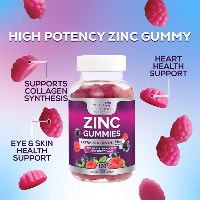 Zinc Gummies 50mg, Max Strength Immune Support for Adults, Zinc Supplement Gummy for Beautiful Skin & Immune Health Support, Nature’s Antioxidant Zinc Supplements, Vegan, Non-GMO - 60 Gummies