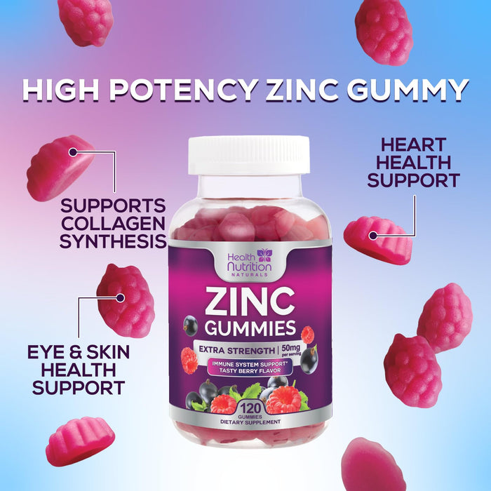 Zinc Supplement 50mg Gummies for Adults - Max Strength Skin Health & Immune Support Gummy, Vegan, Non-GMO & Gluten Free, Natureâ€™s Antioxidant & Bone Health Chewable Tasty Berry Flavor - 120 Gummies
