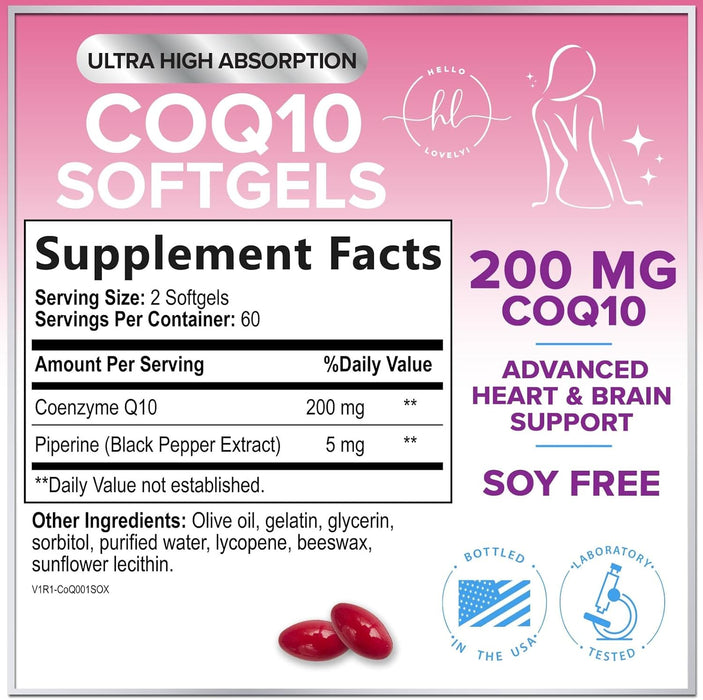 CoQ10 200mg Softgels - Ultra High Absorption, Antioxidant for Heart Health & Energy Production Support - Coenzyme Q10 Co Q 10 Vitamins and Supplements 100mg Each - Non GMO & Gluten Free