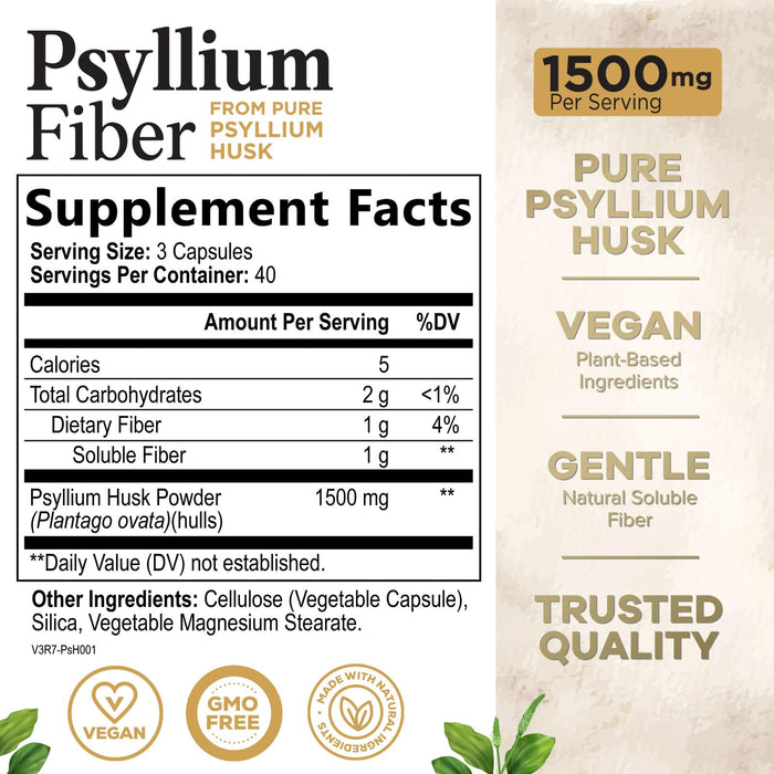 Psyllium Husk Fiber Caps 1500mg Supplement - Psyllium Husk Capsules Daily Support Digestive Health & Regularity, Nature's Plant Based Husks Natural Soluble Fiber Pills, Vegan, Non-GMO - 120 Capsules
