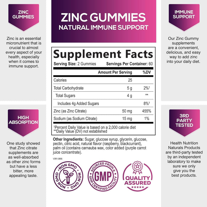 Zinc Gummies 50mg, Max Strength Immune Support for Adults, Zinc Supplement Gummy for Beautiful Skin & Immune Health Support, Nature’s Antioxidant Zinc Supplements, Vegan, Non-GMO - 60 Gummies