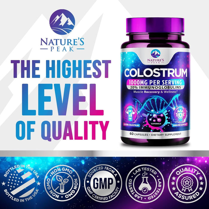 Colostrum Supplement 1000mg 20% Immunoglobulins for Gut Health, Immune Support, Muscle, Skin & Hair Growth, Bovine Colostrum Powder, Nature's Colostrum for Women & Men, Bottled in USA