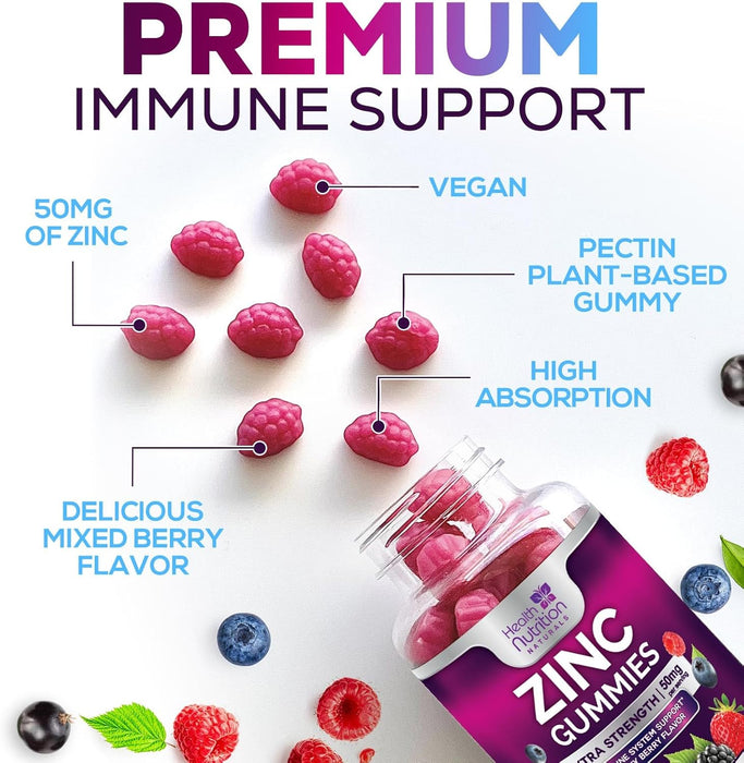Zinc Gummies 50mg, Max Strength Immune Support for Adults, Zinc Supplement Gummy for Beautiful Skin & Immune Health Support, Nature’s Antioxidant Zinc Supplements, Vegan, Non-GMO - 60 Gummies