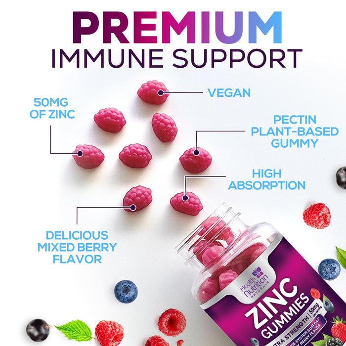 Zinc Supplement 50mg Gummies for Adults - Max Strength Skin Health & Immune Support Gummy, Vegan, Non-GMO & Gluten Free, Natureâ€™s Antioxidant & Bone Health Chewable Tasty Berry Flavor - 120 Gummies