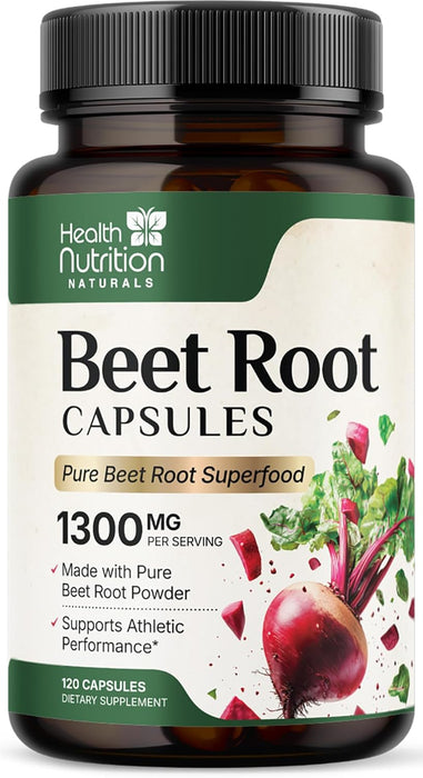 Beet Root Capsules 1300mg - Organic Extra Strength Red Beetroot Powder Supplement – Supports Nitric Oxide Production, Heart Health & Athletic Performance, Pure Beetroot Superfood – 120 Vegan Capsules