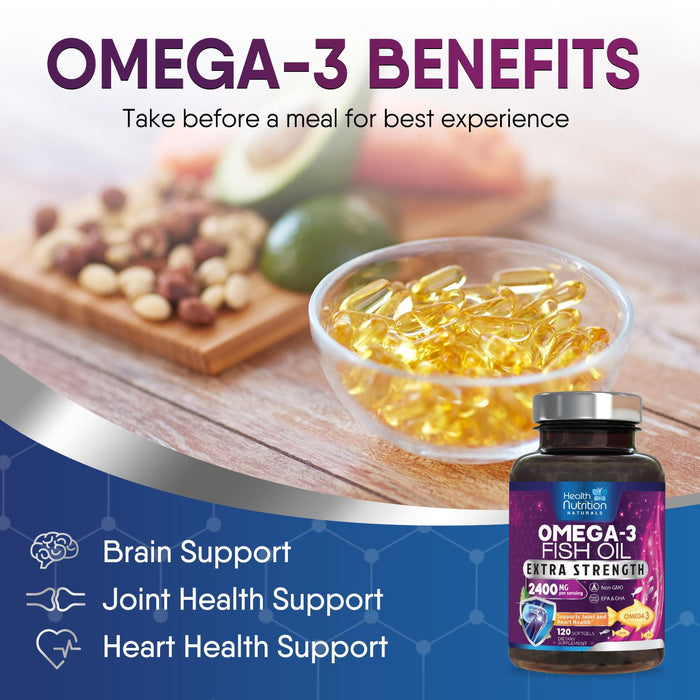 Omega 3 Fish Oil 2400 mg - Triple Strength Omega3, EPA & DHA Fatty Acids Supplement - Natural Support for Immune, Heart & Brain Health - Wild Caught, Non-GMO, Lemon Flavor, Burpless - 120 Softgels