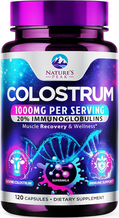 Colostrum Supplement 1000mg 20% Immunoglobulins for Gut Health, Immune Support, Muscle, Skin & Hair Growth, Bovine Colostrum Powder, Nature's Colostrum for Women & Men, Bottled in USA