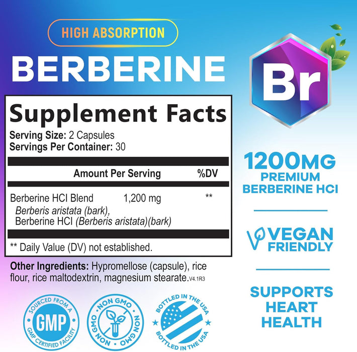Nature's Nutrition Berberine Supplement 1200mg per Serving - High Absorption Heart Health Support & Immune Support - Berberine Plus - Berberine HCI Supplement Pills, Gluten-Free