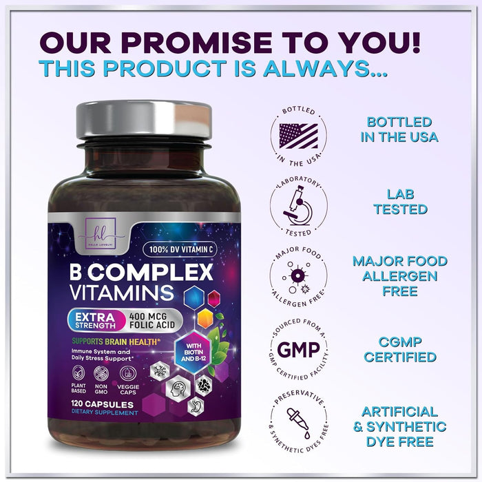 B Complex Vitamin Supplement 1000mcg - 3X Strength with Vitamin C & Folic Acid - Super B12 Complex Vitamins for Energy, Supports Hair Growth, Immune Support for Women & Men, USA Bottled, 120 Capsules