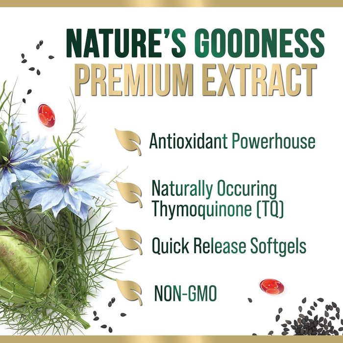 Premium Black Seed Oil Capsules Vegan Cold-Pressed 1000mg - Extra Strength Nigella Sativa Black Seed Oil, Nature's Pure Black Cumin Seed Oil for Immune, Hair and Brain Support, Non-GMO