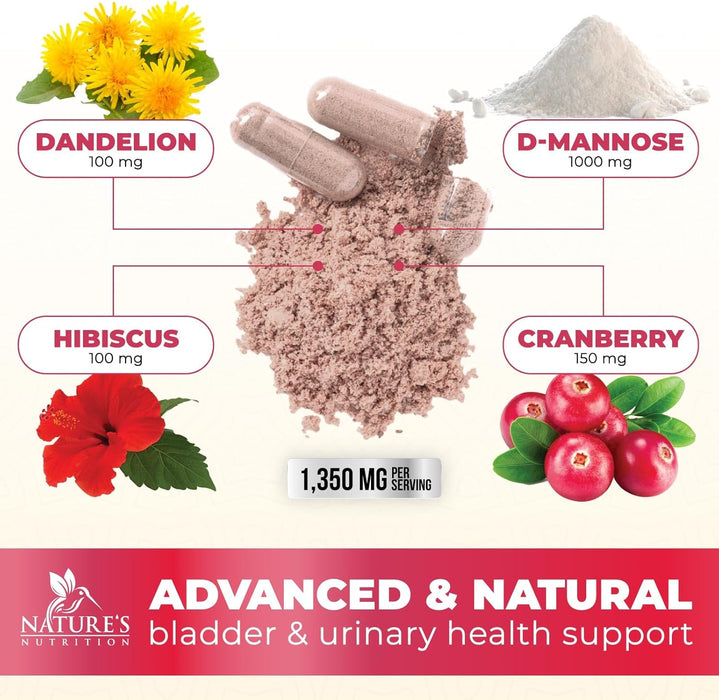 D-Mannose & Cranberry Extract 1350mg Advanced Formula, Fast-Acting Natural Urinary Tract Health Support for Women & Men, Flush Impurities in Urinary Tract & Bladder, Non-GMO, Vegan